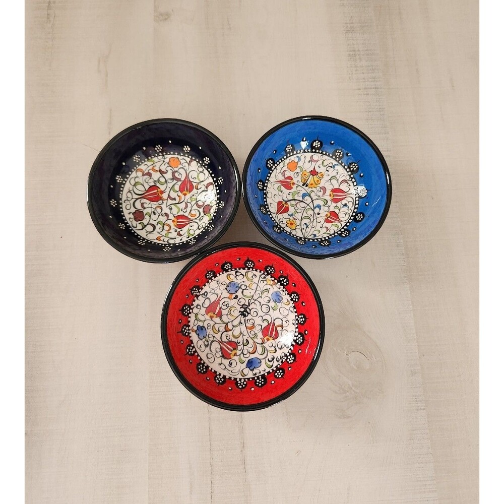 3 Small handmade Nimet pottery trinket dish Multicolored Floral Turkish Pottery